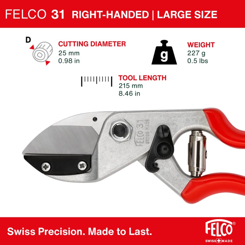 Felco F31 Pruning Shears â€“ 8.3" Garden Clippers with Anvil Blade for Dry & Hard Wood | Hand Pruner for Gardening | Garden Tool Cutter with Aluminum Handle, Alloy Steel Blade, High-Torque Cutting Power - Image 2
